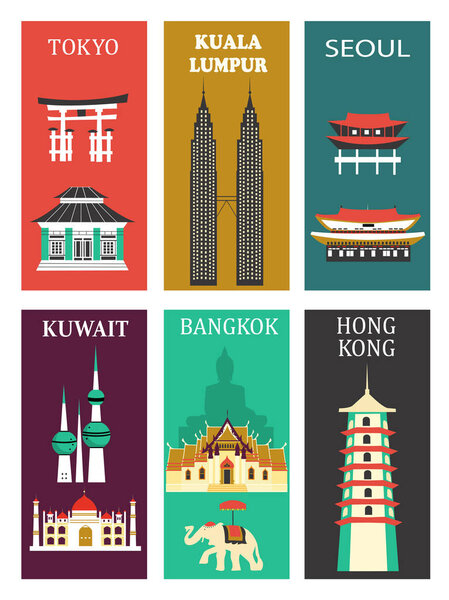 set of famous cities in asia on bright background