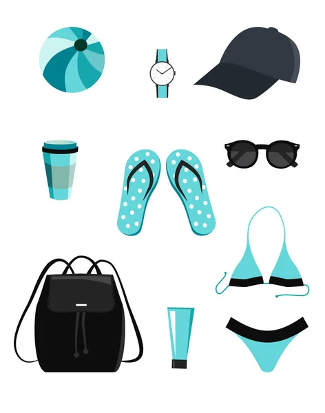 Set Summer Beach Woman White Background — Stock Vector