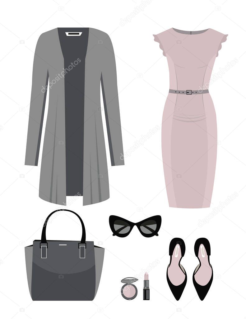 Set of Fashion woman clothes and accessories. Vector