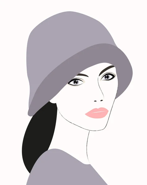 Vrouw met lang haar in hoed. Vector — Stockvector