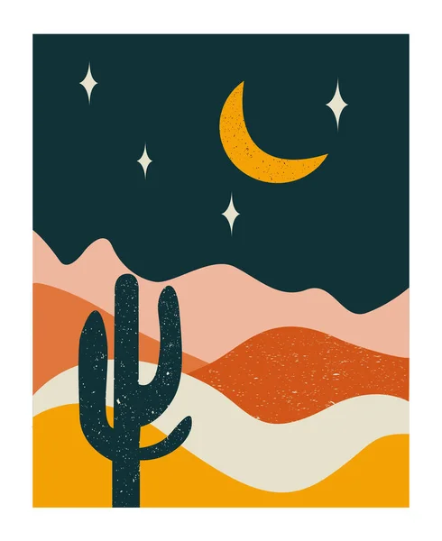 Fondo Abstracto Con Paisaje Nocturno Cactus Luna Estrellas Arte Pared — Vector de stock