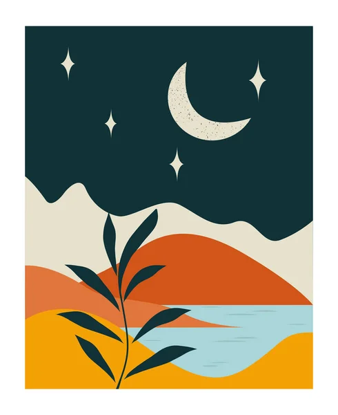 Paisaje Con Mar Montañas Por Noche — Vector de stock