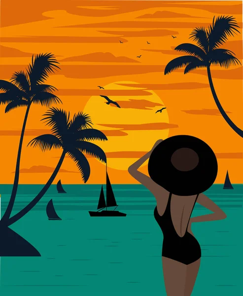 Woman Beach Sunset — Stock Vector