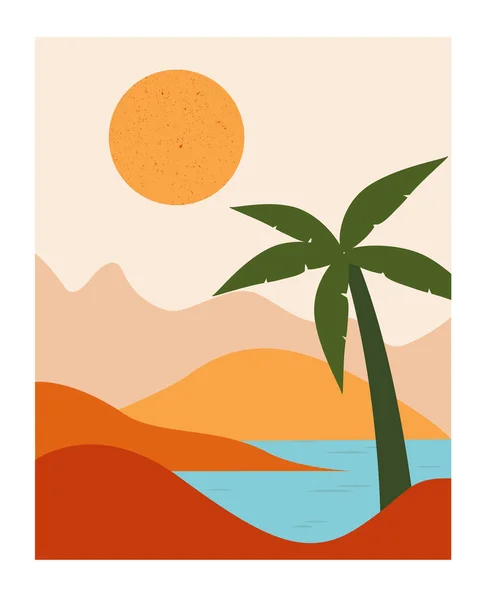 Landscape Mountains Sea Palm Tree — Stock Vector