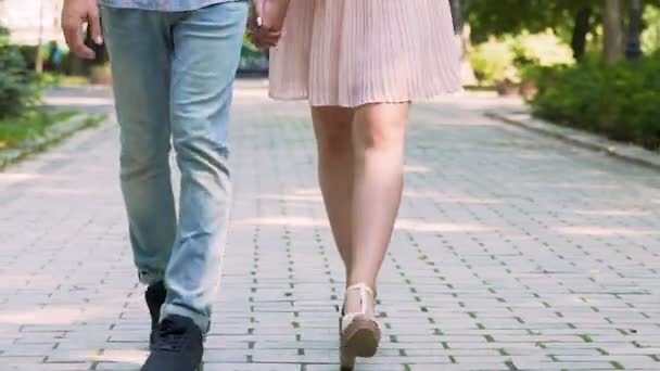 Young man and woman legs walking on park path, holding hands, romantic date — Stock Video