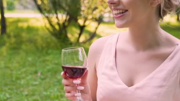 Щаслива жінка розмовляє з друзями з келихом вина в руці, сидячи в парку, подія — стокове відео