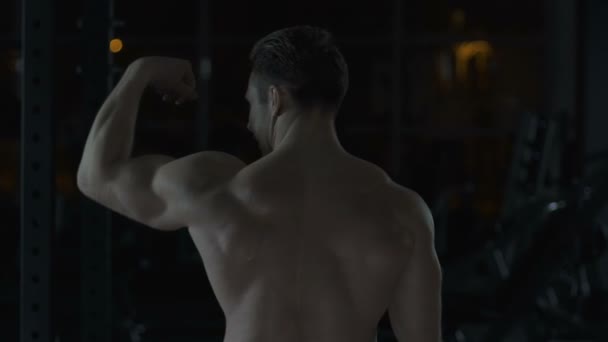 Muscular culturista mostrando su espalda bíceps dobles, entrenamiento en gimnasio, slow-mo — Vídeos de Stock