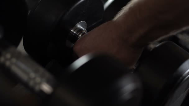 Soporte con mancuernas en el gimnasio, equipo deportivo nuevo, estilo de vida saludable activo — Vídeos de Stock