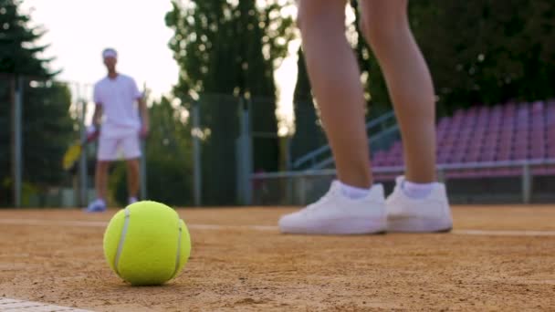 Novio enseñando a su novia a jugar al tenis, deporte activo fin de semana, practicar — Vídeos de Stock