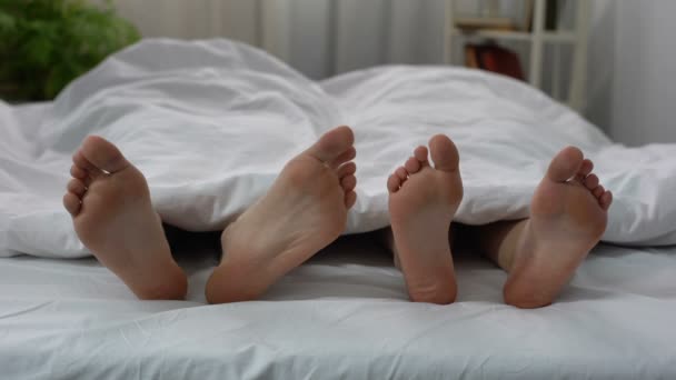 Мужская нога трогает женщину, флиртует в постели, оскорбляет отношения, недоразумение — стоковое видео