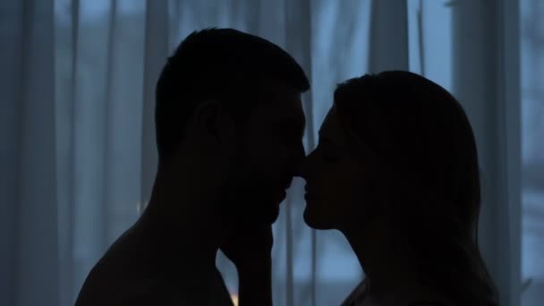 Uomo e donna silhouette baci in camera oscura, notte romantica, sentimento d'amore — Video Stock