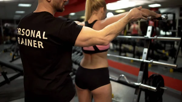 Trainer Teaching Woman Lift Dumbbells Gym Personal Training Program Sport — Stock Photo, Image