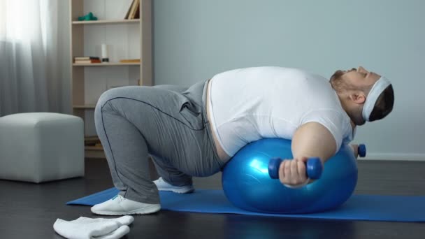Fauler fetter Junggeselle beim Hantelheben auf Ball nach Hause, Mangel an Kraft und Ausdauer — Stockvideo