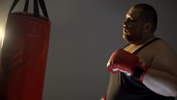 Mollige man in bokshandschoenen verlaten van sportclub, training luiheid uitgeput — Stockvideo