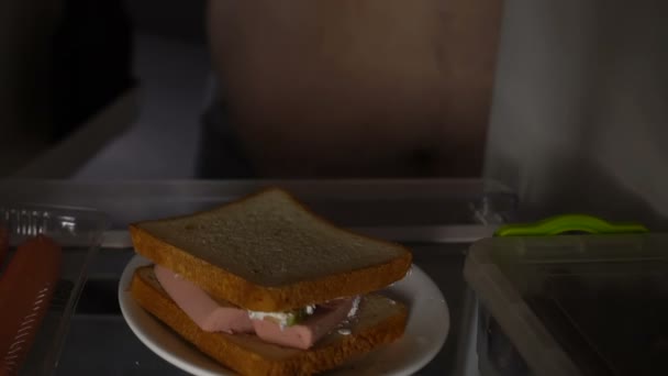 Hungriger Junggeselle nimmt Sandwich-Kühlschrank aus nächster Nähe, schlechte Lebensqualität, Konsumverhalten — Stockvideo