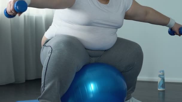 Толстый мужчина в спортивной одежде поднимает гантели сидя на фитнес-мяч, потеря веса — стоковое видео