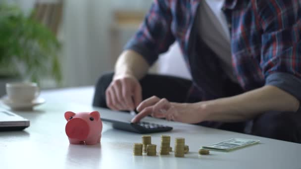 O homem que põe o dinheiro no banco piggy para férias, conta despesas na calculadora — Vídeo de Stock