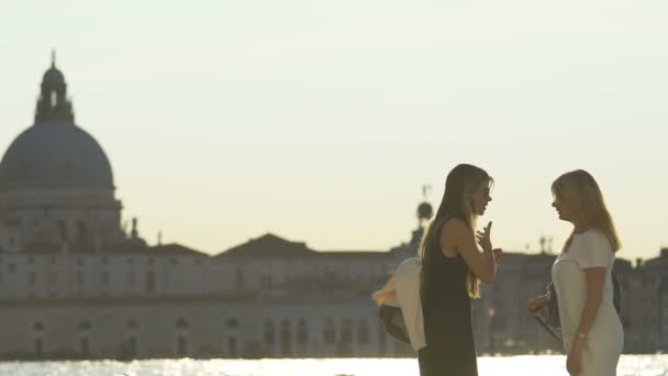 VENICE, ITÁLIA - CIRCA JUNHO 2016: Pessoas na cidade. Duas mulheres conversando perto da água do mar em Veneza, discussão emocional, gesticulação — Vídeo de Stock