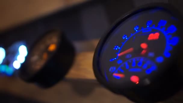 Designer speedometers with illumination, motorcycle parts exhibition, upgrade — Stock Video