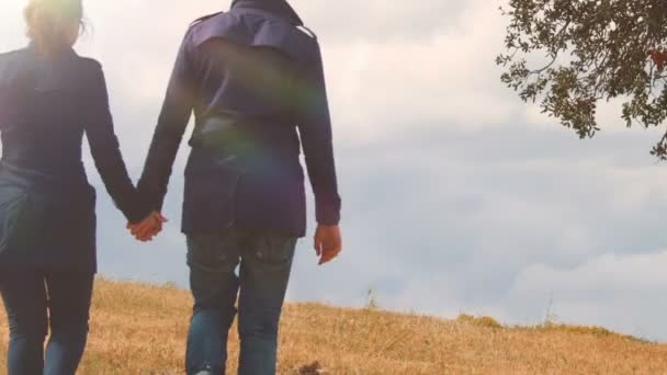 Hermosa pareja cogida de la mano, caminando juntos en la colina, fecha de otoño al aire libre — Vídeos de Stock