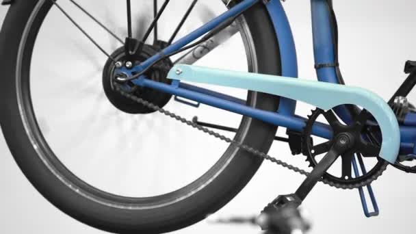 Electric bicycle wheel rotating, innovation exhibition, eco friendly transport — Stock Video