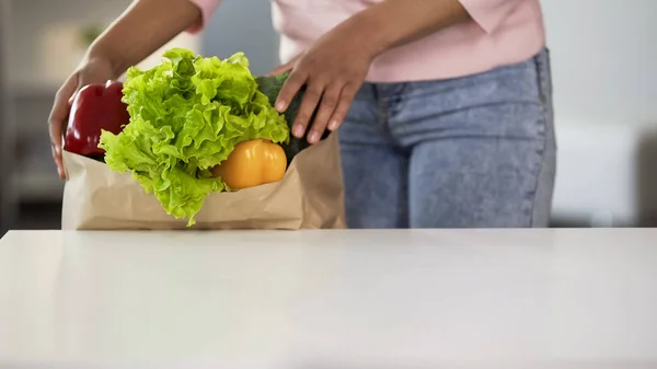 食料品の袋 健康的な食事 有機食品から女性取って野菜ダイエットします — ストック写真