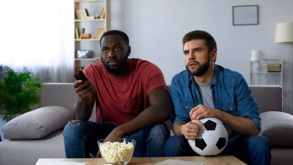 Male Friends Watching American Football Match Trying Understand Rules — Stock Photo, Image