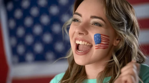 Happy American Girl Supporting Political Candidate Celebrating Victory Closeup — Stock Photo, Image