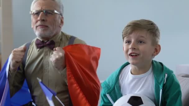 Dziadek i wnuka, oglądanie piłki nożnej razem, szczęśliwy Niemieccy fani wrzask — Wideo stockowe