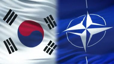 Brussels, Belçika - Haziran 2018 yaklaşık: Kuzey Kore ve Nato el sıkışma, Uluslararası dostluk, bayrak arka plan