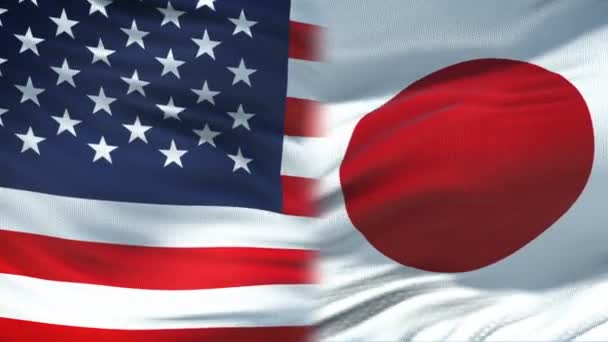 Amerika Birleşik Devletleri ve Japonya el sıkışma, Uluslararası dostluk, arka plan bayrak — Stok video