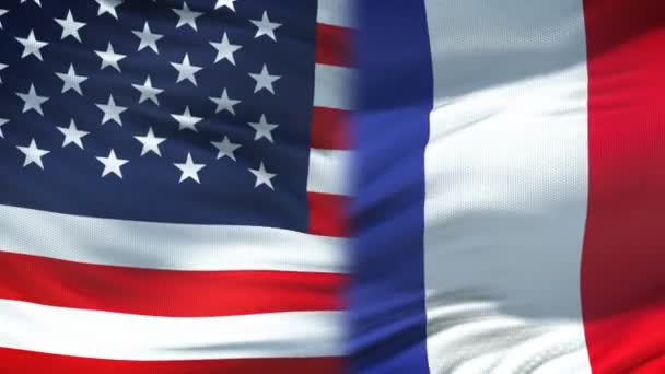 Verenigde Staten en Frankrijk handdruk, internationale vriendschap, vlag achtergrond — Stockvideo