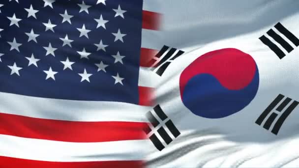 USA a Jižní Korea handshake, mezinárodní přátelství, vlajka pozadí — Stock video