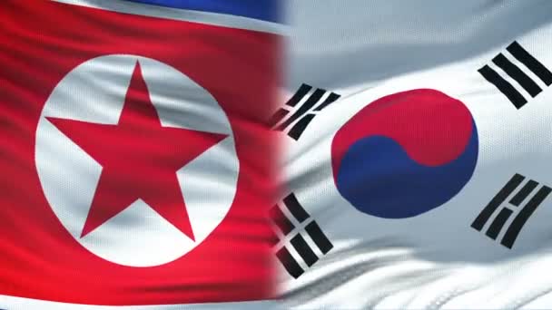 КНДР и Южная Корея рукопожатия, международная дружба, флаг фон — стоковое видео