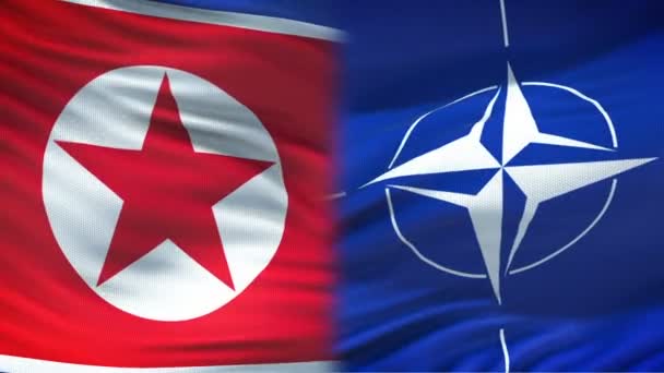 比利时布鲁塞尔-大约 2018年6月: 北朝鲜和北约握手, 国际友谊, 旗子背景 — 图库视频影像