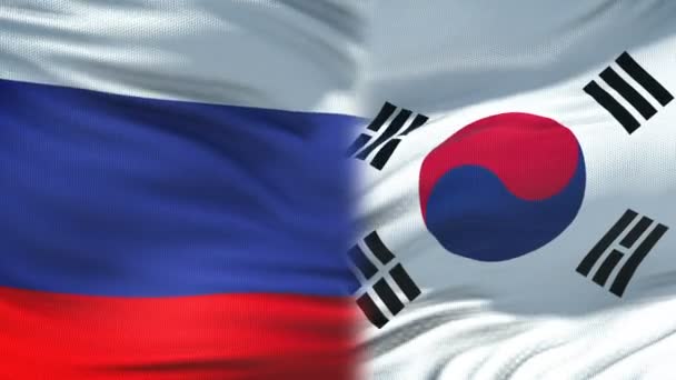 Russia and South Korea handshake, international friendship, flag background — Stock Video