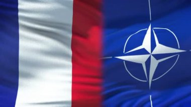 Brussels, Belçika - Haziran 2018 yaklaşık: Fransa ve Nato el sıkışma, Uluslararası dostluk ilişkileri, bayrak arka plan