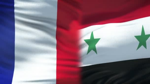 法国与叙利亚握手, 国际友谊关系, 旗帜背景 — 图库视频影像