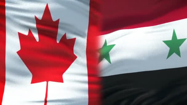 Kanada und Syrien Händedruck, internationale Freundschaftsbeziehungen, Flaggenhintergrund — Stockvideo