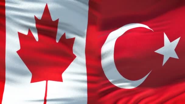 Kanada és Törökország kézfogás, nemzetközi barátság kapcsolatok, zászló a háttérben — Stock videók
