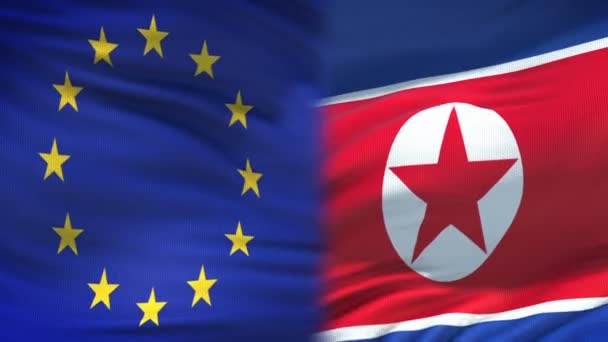 EU a Severní Korea handshake, mezinárodní přátelství vztahy označit pozadí — Stock video