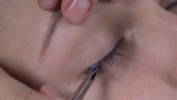 Maquillaje artista pegando la extensión de pestañas de plástico con pinzas en el ojo del cliente — Vídeos de Stock