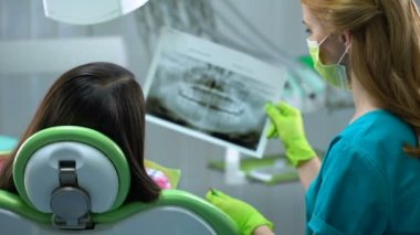 Diş hekimi ve hasta izlerken diş röntgen görüntü, boşluklar, periodontal hastalık