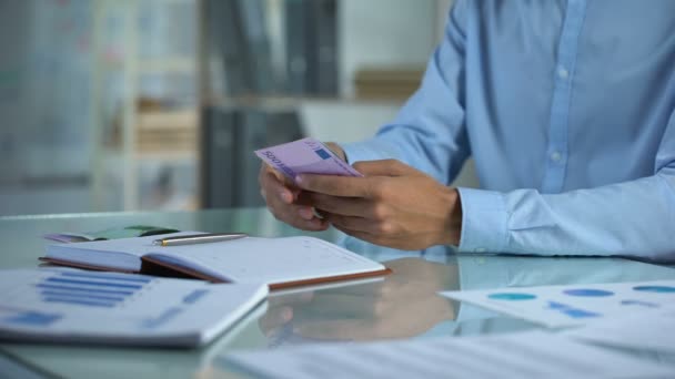 Personalplanung Budget, Zählen Euro im Büro, kleine Unternehmen Einkommensverteilung — Stockvideo