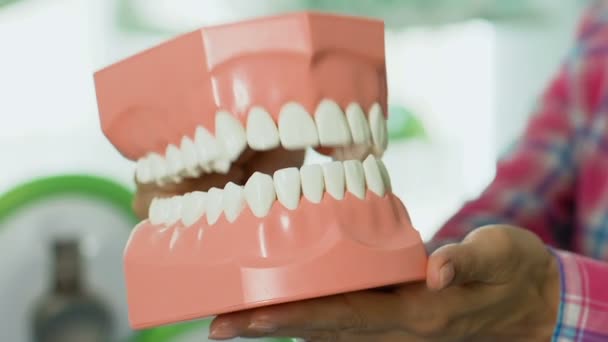 Teacher showing to children structure of jaw, dental hygiene lesson at school — Stock Video