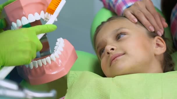 Estomatólogo enseñando a los pacientes pequeños a cepillarse los dientes correctamente, cuidado dental — Vídeos de Stock