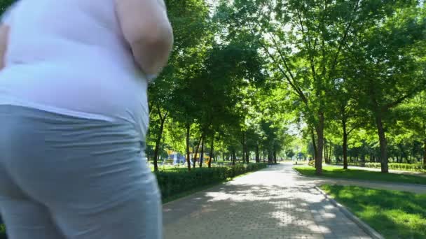Homem obeso correndo no parque, lutando com excesso de peso, exercícios diários — Vídeo de Stock