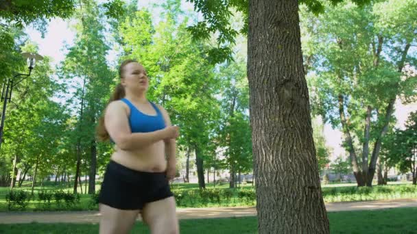 Fettleibige Mädchen nach Lauftraining erschöpft, beharrliche Anstrengungen zum Abnehmen — Stockvideo