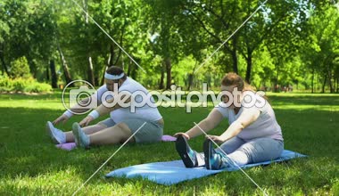 Obez çift birlikte sağlıklı yaşam, başlamak egzersizleri yapıyor destek