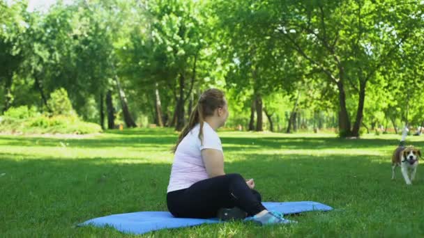 Nettes Mädchen, das mit Hund spielt, kurze Pause nach Yoga im Park, glückliche Momente im Leben — Stockvideo